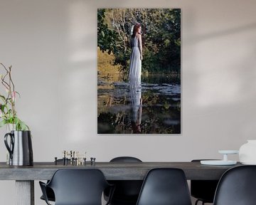 Reflection of woman in white dress