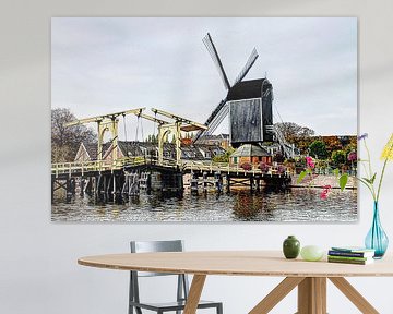 Rembrandt bridge with windmill De Put Leiden Netherlands