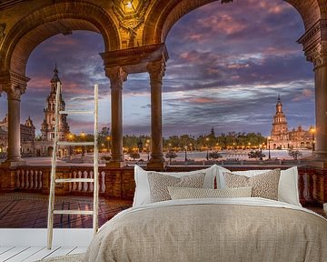 View of the North and South Tower Plaza Espana from beneath the arcades by Rene Siebring