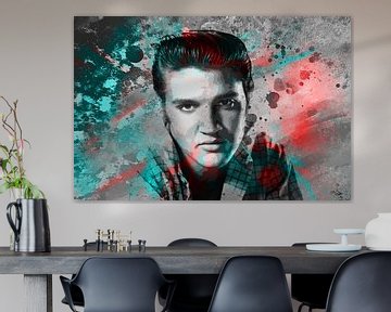 Elvis Presley Abstract Pop Art Portret in  Rood Blauw Grijs van Art By Dominic