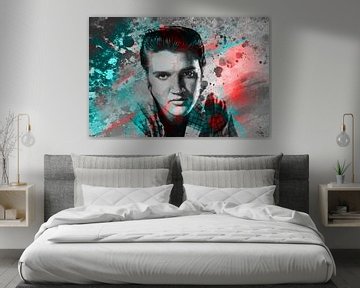 Elvis Presley Abstraktes Pop-Art-Portrait in Rot-Blau-Grau von Art By Dominic