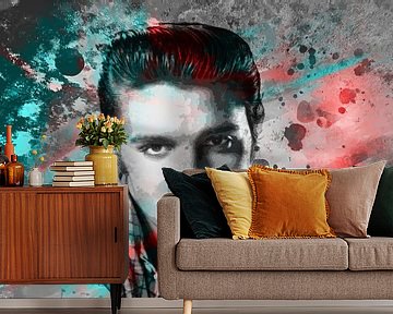 Elvis Presley Abstract Pop Art Portret in  Rood Blauw Grijs van Art By Dominic