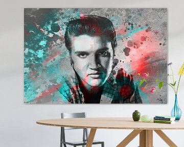 Elvis Presley Abstraktes Pop-Art-Portrait in Rot-Blau-Grau von Art By Dominic