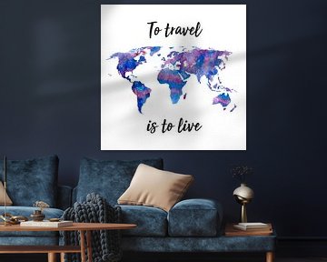 Weltkarte in Aquarell | Lila und Blau | Zitat | Wandkreis von WereldkaartenShop