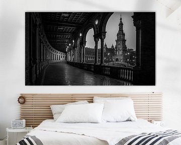 Black-White: Esplanade with view of the Tower of the Plaza Espana in Seville by Rene Siebring