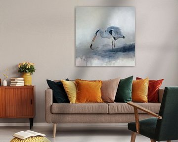 Abstrakte Aquarellmalerei mit Vogel in Blau und Beige von Diana van Tankeren
