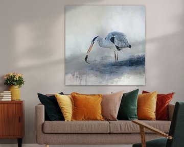 Abstrakte Aquarellmalerei mit Vogel in Blau und Beige