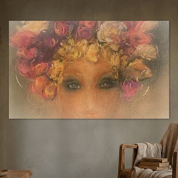 Portrait of a woman with garland of flowers Hand-painted with pastel chalk