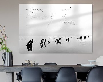 Geese flying over the Wadden Sea by Anja Brouwer Fotografie