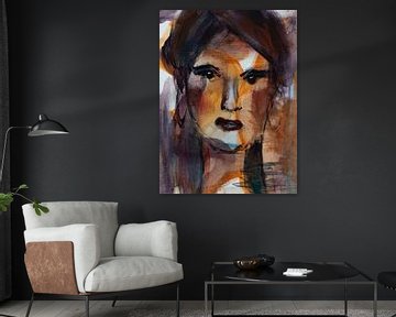 Abstract portret vrouw in bruin oranje wit van Bianca ter Riet