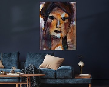 Abstract portret vrouw in bruin oranje wit van Bianca ter Riet