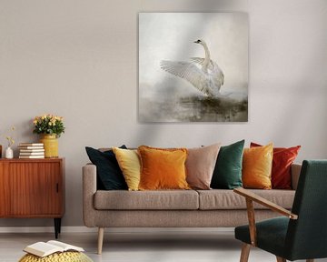 Schwan in abstrakter Wasser-Landschaftsmalerei von Diana van Tankeren