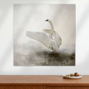 Mute Swan In Abstract Water Landscape Painting by Diana van Tankeren