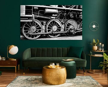 Détail en noir et blanc des roues d'une ancienne locomotive à vapeur sur Sjoerd van der Wal Photographie