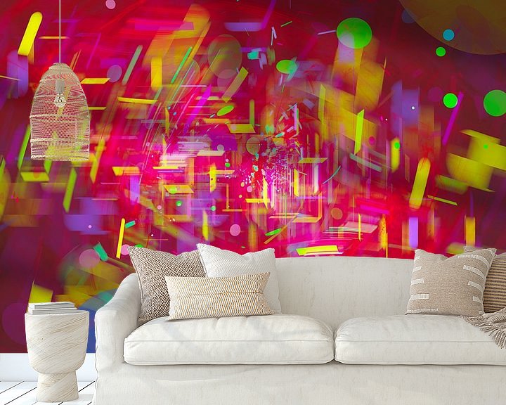 Sfeerimpressie behang: Nacht in de dynamische stad met regen in abstracte digitale stijl van Pat Bloom - Moderne 3D, abstracte kubistische en futurisme kunst