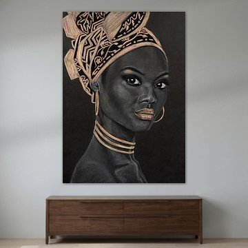 African woman, beautiful pastel drawing in black, white and gold