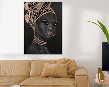 Afrikanische Frau, schöne Pastellzeichnung in Schwarz, Weiß und Gold von Bianca ter Riet