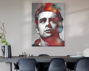 James Dean Abstraktes Pop-Art-Portrait in Rot-Blau-Grau von Art By Dominic