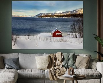 Rood huisje in winter Noorwegen van Adelheid Smitt