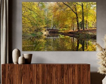 Herbstfarben und Spiegelung, Brücke im Park von Peter Haastrecht, van