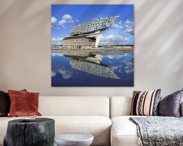 Antwerp Port House on sunny day blue sky reflected in a pond 1 by Tony Vingerhoets