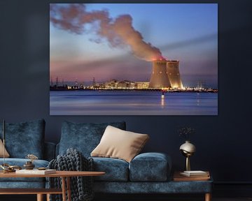 River and embankment with nuclear reactor Doel at sunset by Tony Vingerhoets