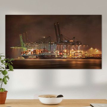 Beleuchtete Container Entladen Schiff mit riesigen Kränen, Antwerpen von Tony Vingerhoets