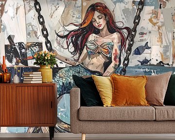 Digitaal kunstwerk - zeemeermin met ketting en anker van Emiel de Lange
