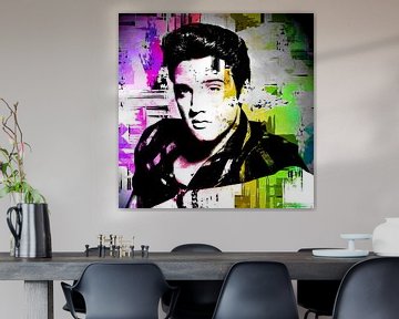 Elvis Presley Abstraktes Pop-Art-Portrait in Rosa Gelb Grün von Art By Dominic