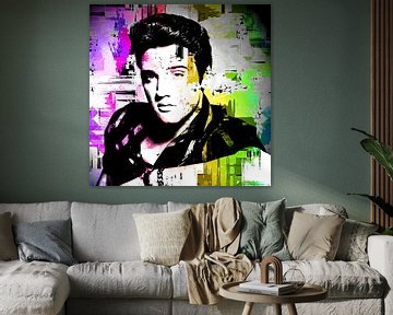 Elvis Presley Abstract Pop Art Portret in  Roze Geel Groen van Art By Dominic
