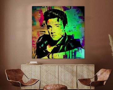 Elvis Presley Abstraktes Pop-Art-Portrait in Rot Grün Blau von Art By Dominic