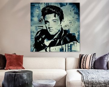Elvis Presley Abstraktes Pop-Art-Portrait in Blau-Grau von Art By Dominic