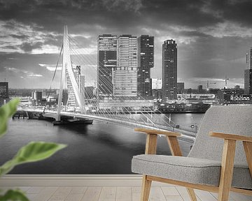 Skyline Rotterdam Erasmusbrug - Zwart Wit van Vincent Fennis