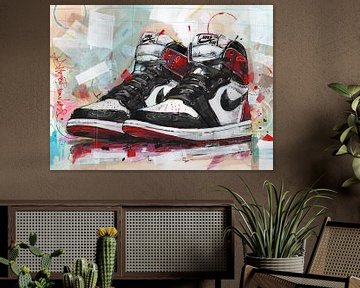Nike air Jordan 1 Retro High 'black toe' schilderij van Jos Hoppenbrouwers