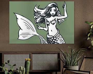 Mermaid with shell bikini on green background by Emiel de Lange
