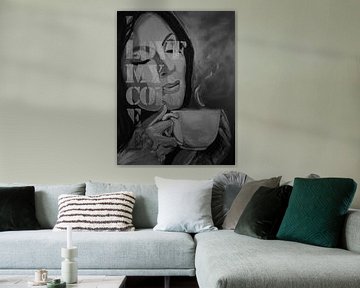 Ich liebe meinen Kaffee - Schwarz-Weiß-Malerei - Frau mit Kaffee von Marielistic-Art.com