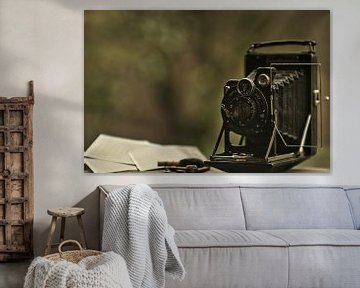 Een vintage camera gefotografeerd met een natuurlijke  en bokeh achtergrond van Jolanda de Jong-Jansen