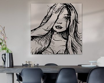 Inkt tekening portret meisje met lange haren - vierkant formaat