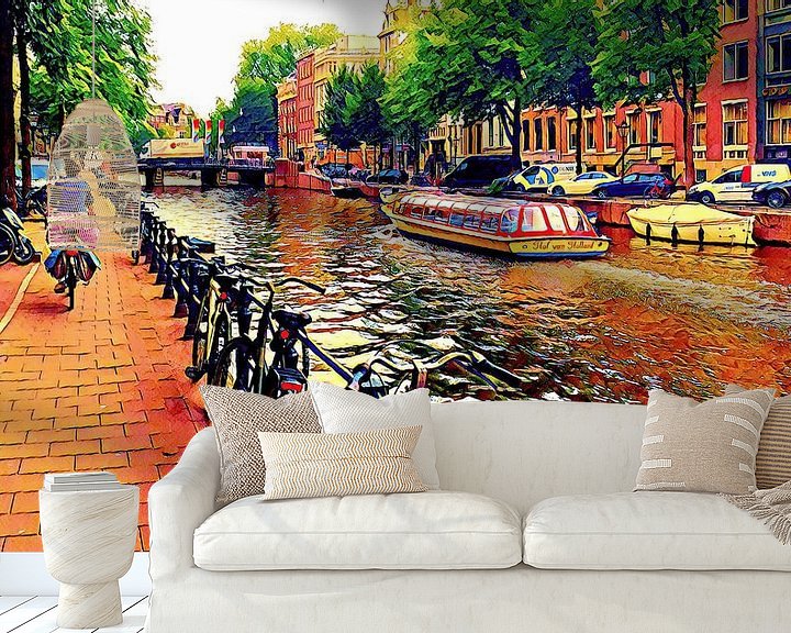 Sfeerimpressie behang: Rondvaartboot Amsterdam en fietser van Digital Art Nederland