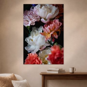 Flowers in still life with carnations and peonies by Moniek Kuipers
