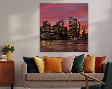 Skyline of Manhattan and Brooklyn Bridge at sunset, New York, USA by Markus Lange