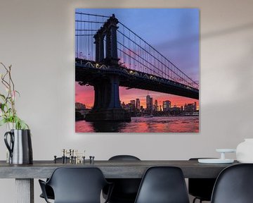 Skyline of Manhattan and Manhattan Bridge at sunset, New York, USA by Markus Lange