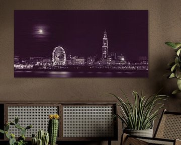 Skyline Antwerp in winter with a full moon by Ribbi