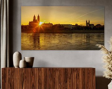 Magdeburg skyline at sunset