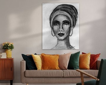 Portrait de femme avec foulard abstrait en noir et blanc sur Bianca ter Riet