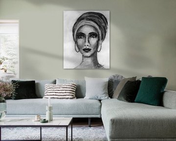 Porträt Frau mit Kopftuch abstrakt schwarz-weiß von Bianca ter Riet