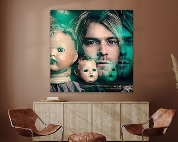 Kurt Cobain Lijntekening Portret met Blauwe Gloed van Art By Dominic