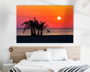 Palmbomen op het strand bij zonsondergang