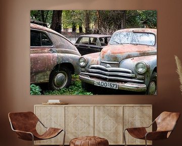 Abandoned vintage car in a Field. by Roman Robroek - Photos of Abandoned Buildings