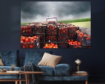 Tracteur avec plate-forme de chargement remplie de tomates sur Besa Art